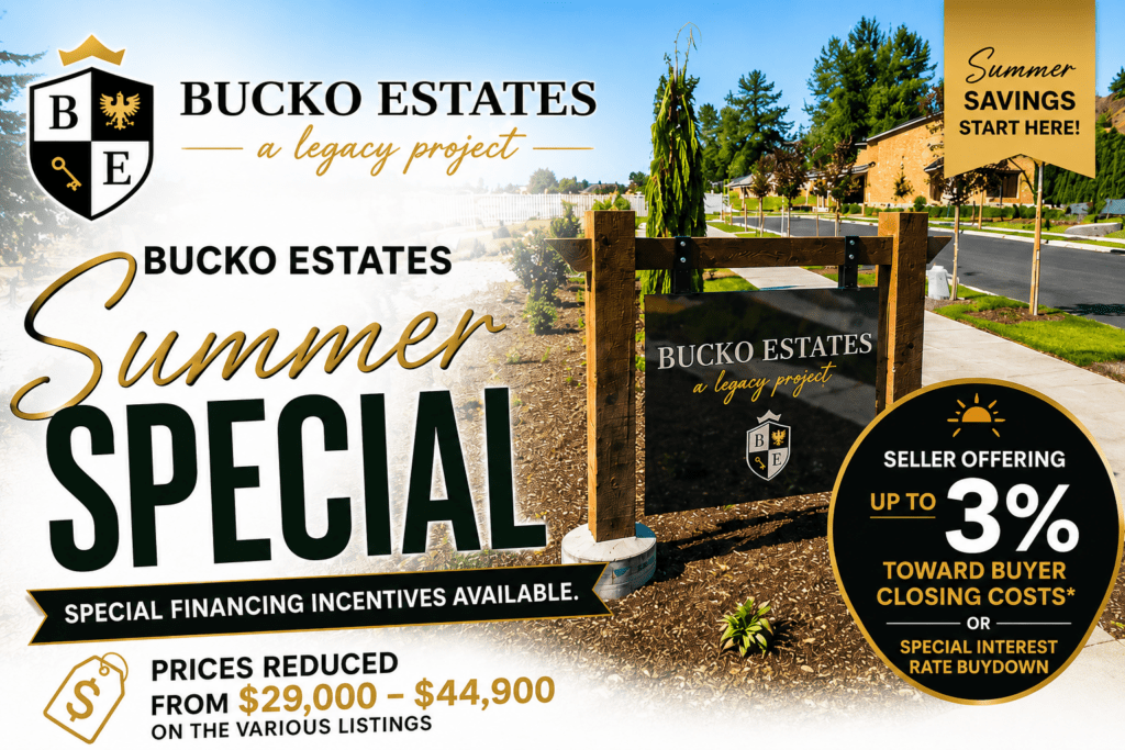 Bucko Estates Summer Savings promotional banner with sign, landscaping, and special financing incentives up to 3% toward buyer closing costs