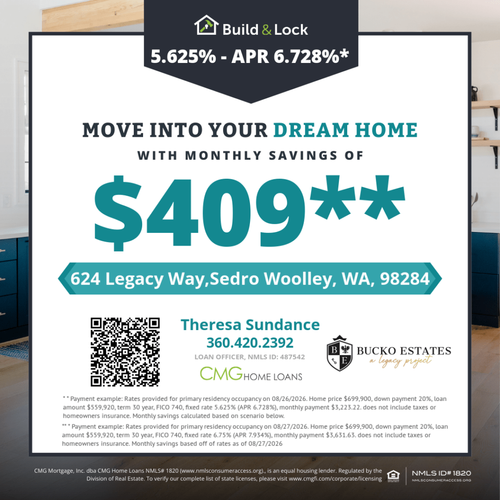 Build & Lock promotional flyer for home loan savings $409 with address 624 Legacy Way Sedro Woolley WA 98284